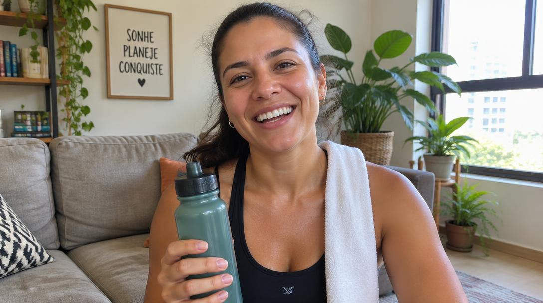 Aluna sorrindo em casa após o treino