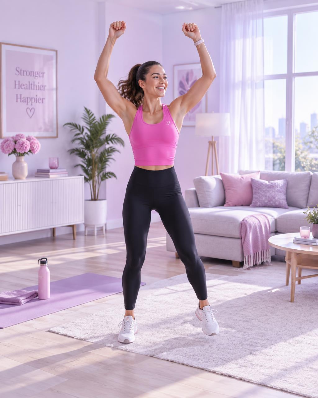 Mulher treinando em casa com roupa esportiva fúcsia